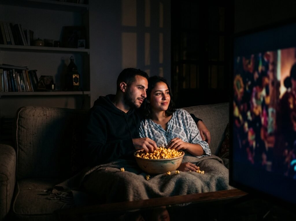 Couple watching a film at home with popcorn