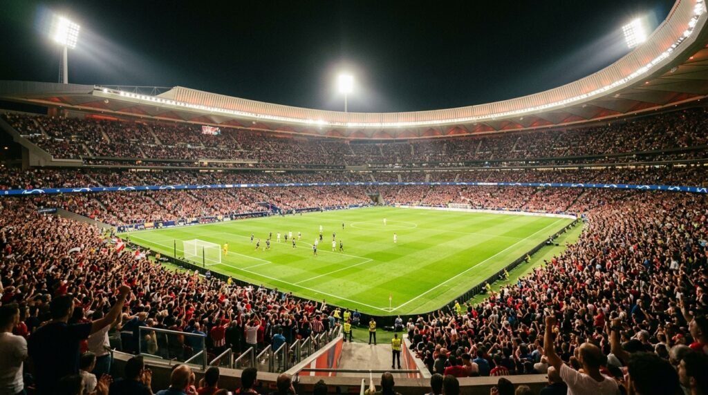 Floodlit football stadium at night