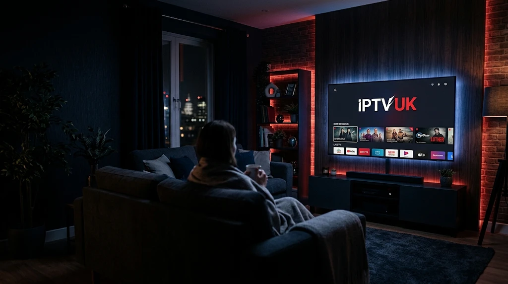 IPTV UK streaming app on a 4K TV in a modern living room at night